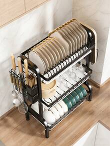 3-Tier Over Sink Heavy Duty Stainless Steel Dish Drying Rack, Rustproof Extra-Large Capacity Non-Slip Kitchen Counter Organizer, Removable Drainboard With Utensil Knife Cup Cutting Board Holder, Space-Saving Easy To Clean Kitchen Orangizer | Organozador Cocina Kitchen Essentials - Màu đen (Phiên bản dày hơn) - Xem 6