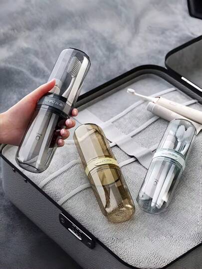 牙刷杯，带盖牙刷架，透明牙刷盒，便携式牙膏收纳盒，旅行洗漱杯，旅行必备配件，露营，商务旅行，返校旅行，居家旅行必备配件，旅行必备物品，海滩度假，暑假旅行，学习用品，学习用品，返校用品，透明简约洗漱杯，浴室多功能刷牙杯，旅行便携式牙刷牙膏套装收纳盒