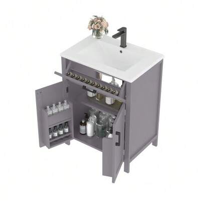 Freestanding Bathroom Vanity Unit 60 X 46 X 84.8 Cm With Integrated Sink, Lacquered Finish, Double-Door Shelves, Practical Drawers, Adjustable Shelves, Integrated Ceramic Sink, White