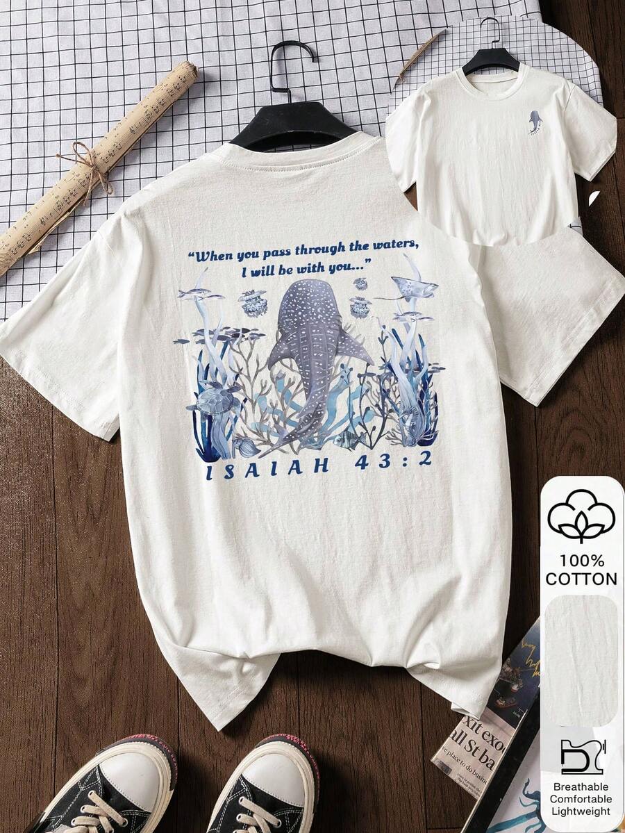 Camiseta de manga corta de 100% algodón para mujer, con estampado de vida marina, de manga corta de verano, camiseta estampada de uso casual de verano, camiseta de algodón, estética oriental de estilo callejero, camiseta inspirada en el patrón de Milán 2026 - Camiseta de manga corta de 100% algodón premium, con estampado, camiseta de verano, camiseta de mujer, parte superior, parte superior de verano, ropa de vacaciones, atuendo de viaje, ambiente de playa, atuendo minimalista de resort - Blanco - Ver 1