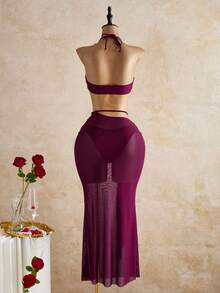 女士三件套沙滩装，浪漫无肩带比基尼套装，腰部镂空串珠链条设计网纱罩裙，适合海滩度假、泳装和休闲穿着，是海滩、泳池派对和夏季假日的理想之选。 - 紫色 - 查看 7