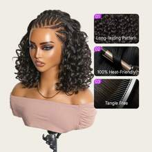 Boho Braided Loose Deep Lace With Braided Human Hair Wigs Curly Deep Wave 13*4 Glueless Pre Cut Plucked Lace Short Wig Pre-Braided Bouncy Curly Ear-To-Ear Frontal Lace Wig 1B - Natural Black - View 3