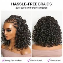 Boho Braided Loose Deep Lace With Braided Human Hair Wigs Curly Deep Wave 13*4 Glueless Pre Cut Plucked Lace Short Wig Pre-Braided Bouncy Curly Ear-To-Ear Frontal Lace Wig 1B - Natural Black - View 4