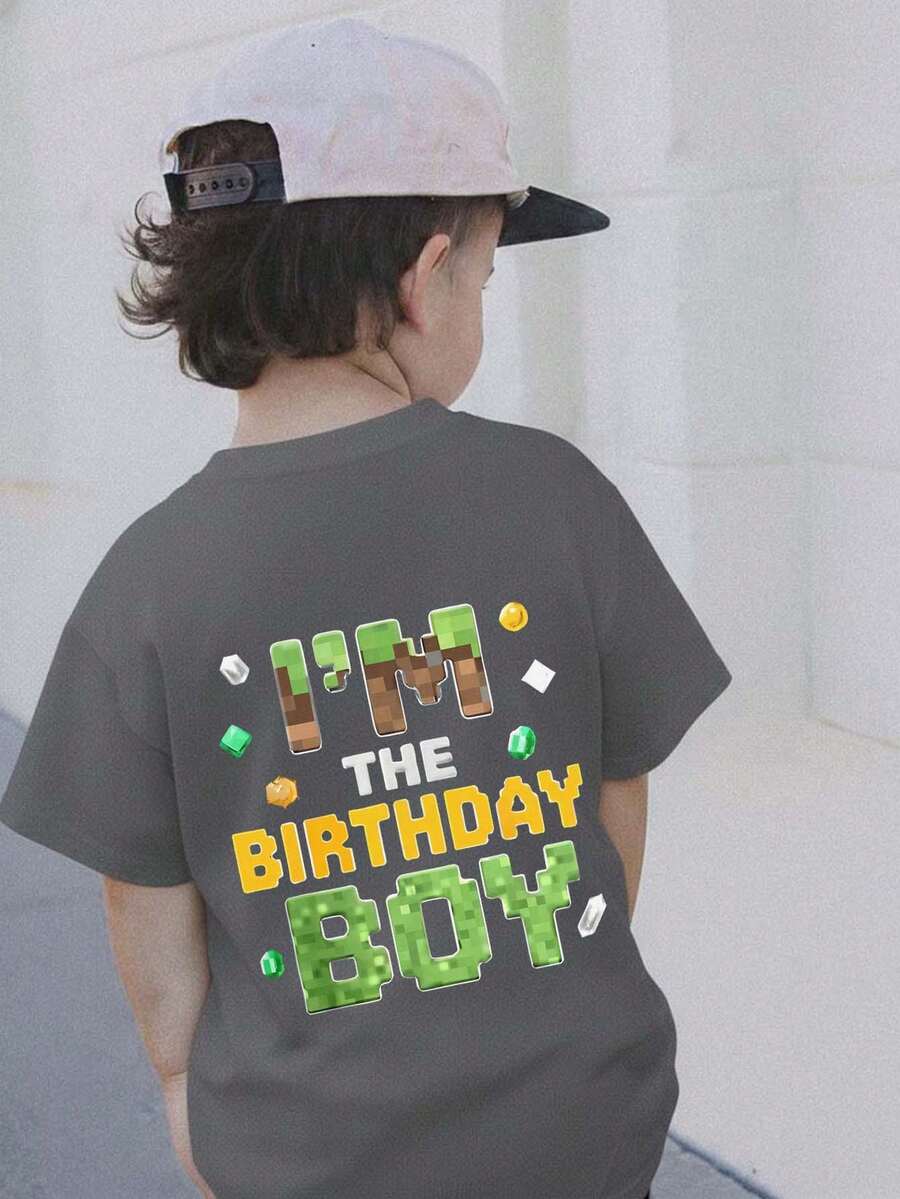 Camiseta de cuello redondo de manga corta con estampado gráfico informal para niño, top de verano - Gris Oscuro - Ver 1