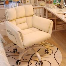 EnHomee Home Office Chair With Wheels & Side Pockets Vanity Chair Adjustable Height Soft Upholstered Modern Desk Chair With Backrest & Arm For Bedroom, Beige - 米黃色 - 查看 1