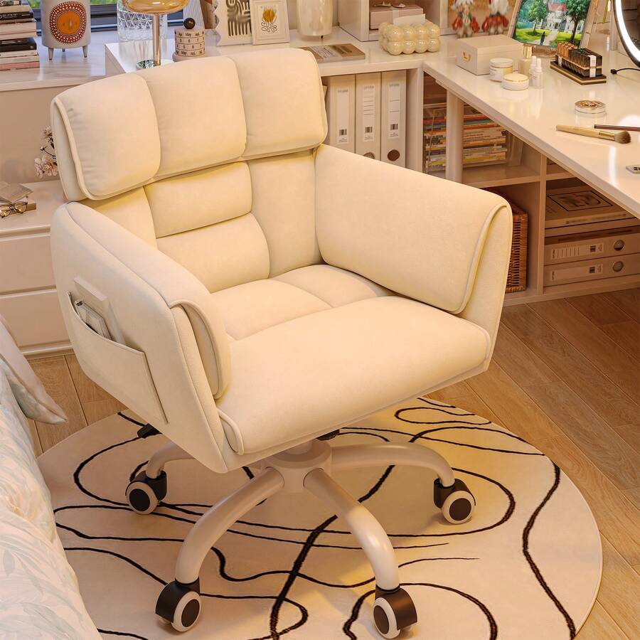 EnHomee Home Office Chair With Wheels & Side Pockets Vanity Chair Adjustable Height Soft Upholstered Modern Desk Chair With Backrest & Arm For Bedroom, Beige - 米黃色 - 查看 1