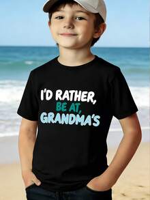 小男孩“我宁愿待在奶奶家”字母标语印花短袖T恤，奶奶主题，夏季 - 黑色 - 查看 1