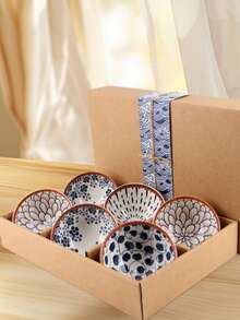 Bohemian Ceramic Rice Bowls Set Of 6 – 10oz Microwave, Oven, Freezer & Dishwasher – Colorful Kitchen Tableware For Cereal, Soup, Salads, Desserts & Snacks – Perfect Spring Outing & Easter Party Gifts Idea - Màu xanh hải quân - Xem 1