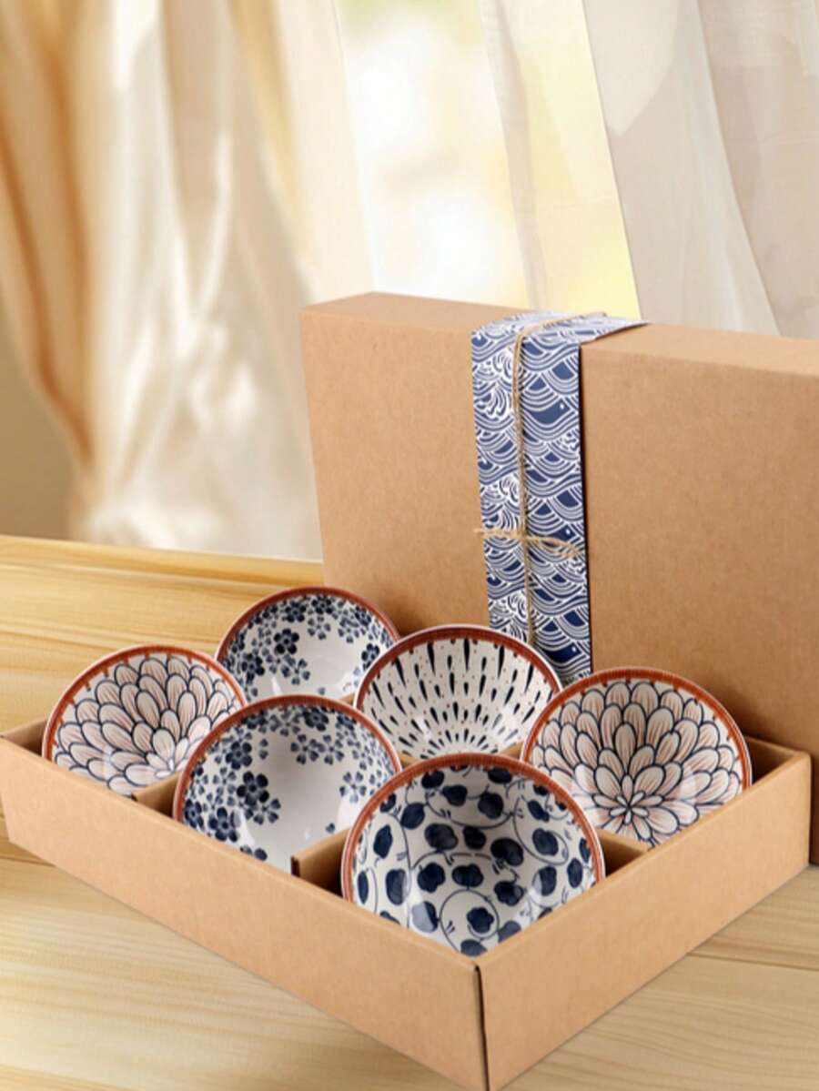 Bohemian Ceramic Rice Bowls Set Of 6 – 10oz Microwave, Oven, Freezer & Dishwasher – Colorful Kitchen Tableware For Cereal, Soup, Salads, Desserts & Snacks – Perfect Spring Outing & Easter Party Gifts Idea - Màu xanh hải quân - Xem 1