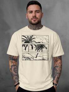 Men's T-Shirt, 100% Cotton, Palms Print - 米色 - 查看 1