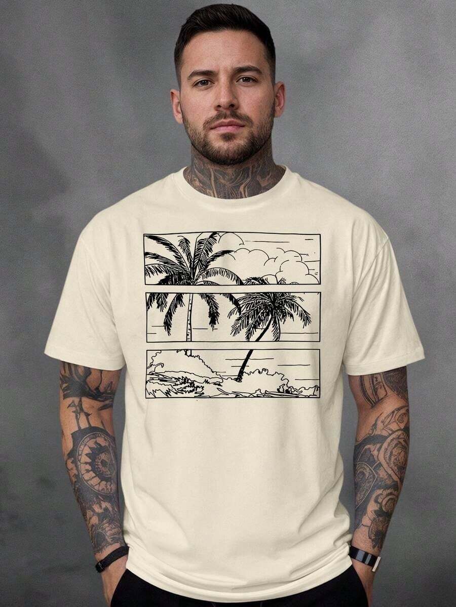 Men's T-Shirt, 100% Cotton, Palms Print - 米色 - 查看 1