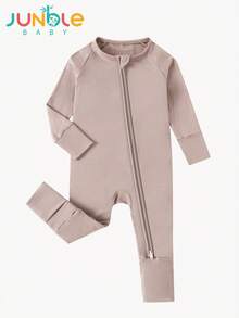 Junblebaby Baby Boy Bamboo Fiber Zipper Romper ,Tight-Fitting Style-Bamboo Fiber Solid Color Long-Sleeved Zipper, Baby Boy Clothes, Bamboo Baby Jumpsuit, With Bidirectional Zipper & Foldable Footie (0-3Y) - Màu Khaki - Xem 2