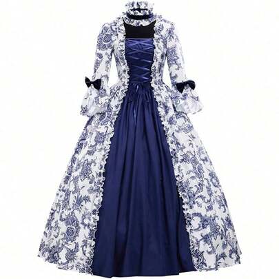 Women's Victorian Blue Dress Rococo Prom Dress With Horn Sleeves Court Masquerade Party Costume Evening Ball Gown Costume