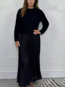 大码休闲纯色长袖针织拼接褶裥中长连衣裙，优雅女士连衣裙，黑色连衣裙，春季女士黑色连衣裙 - 黑色 - 查看 5