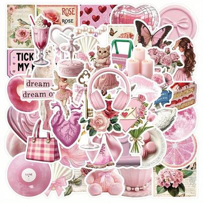 50PCS Pink Aesthetic Cartoon Aesthetic Graffiti Stickers DIY Handbooks, Skateboards, Guitars, Water Cups, Self Adhesive Festival Decoration Stickers