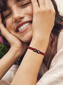 1pc Black & White Heart And 26 Letter Braided Bracelet, Minimalist Versatile Heart Couple Jewelry Bracelet - Bracelet - View 2