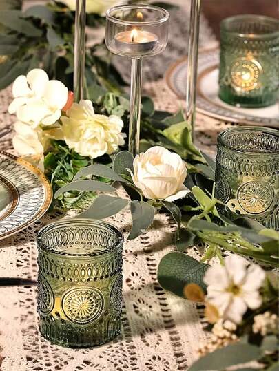 4pcs Vintage Green Glass Candle Holders - Elegant And Exquisite Tea Light Candle Holders, Perfect For Wedding, Christmas Party And Dining Table Decor. Hand Wash Only, No PVC, Create A Cozy Ambiance And Enhance Dining Experience | Vintage Glass Ware | Lighting, Candle Holders Decor
