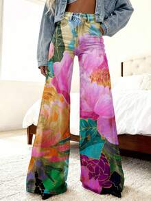3D Floral Pattern Women'S Denim-Look Pants |   Vibrant Colors, Golden Accents, High-Elasticity Mid-Waist, Printed Non-Elastic Long Trousers For Autumn And Winter - 彩色 - 查看 2