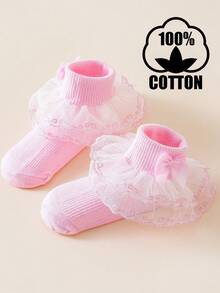 1 Pair Cotton Thin Lace Mesh Trim Girls' Dance Socks, Spring/Summer - Pink - View 6