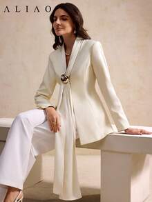 ALIAO Women's Satin Ribbon Apricot Blazer Jacket, Elegant Metal Button Decor, Suitable For Dates And Commuting Spring - Apricot - View 1