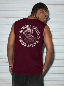 Modcrash 男士休闲字母骷髅印花无袖背心，春夏款 - 酒紅色 - 查看 2