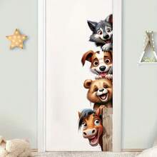 1pc Funny Animal Door Decal, Cute Dog, Tiger And Donkey, Self-Adhesive Removable, Suitable For Bedroom, Living Room, Kids Room Doors, Tear-Proof PVC Material; Humorous Animal Trio Wall Sticker, Door Decal Set, Unique Removable, Add Fun To Your Home - BR0908F - View 3