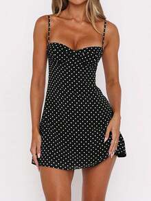 Women's Dots Print Mini Dress Sleeveless Spaghetti Strap A-Line Dress Summer Casual Dress - Black and White - View 2