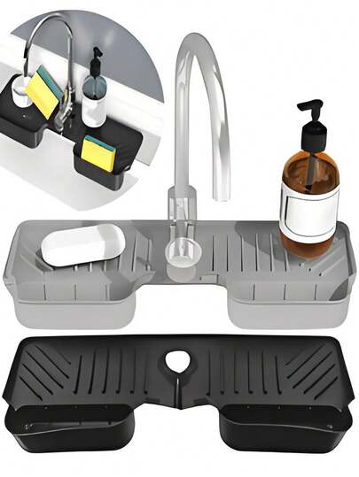 硅胶水龙头滴水垫，带2个海绵架，适用于厨房水槽配件、浴室台面防溅罩，灰色
