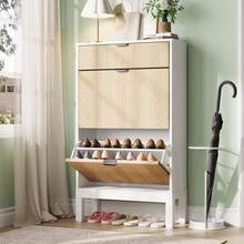 Zapatero independiente con 2 puertas abatibles y 1 cajón - Estilo granja, patas metálicas, diseño angosto para entrada o pasillo - Mueble organizador de calzado funcional y elegante - Blanco - Ver 4