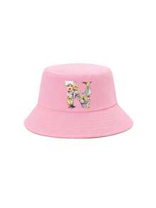 1顶女童粉色花卉字母图案渔夫帽，26个字母个性化时尚款，复古优雅轻便防晒，适合生日、节日、返校、四季休闲、户外、日常佩戴 - 粉色 - 查看 9