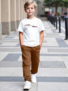 Boys/Toddler Boys' Spring/Summer Short Sleeve T-Shirt And Pants 2-Piece Set, Letter & Stripe Print Design, Round Neck, Comfortable, Casual, Versatile Outfit - Brown - View 3