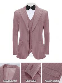 3pcs Men's Striped Pointed Collar Double-Breasted Pocket Suit Set, Elegant For Wedding, Party, Birthday - Pink - View 4