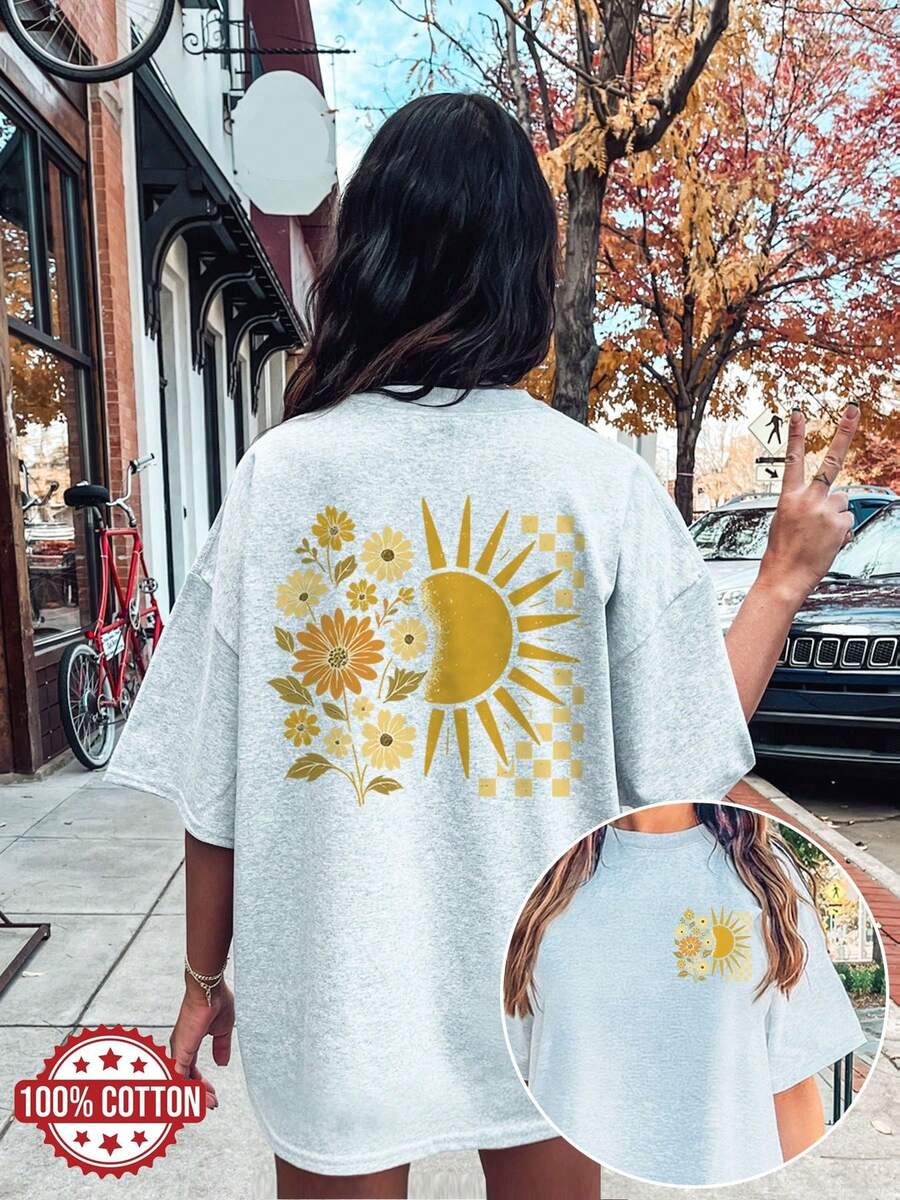 Women's Oversized 100% Cotton Graphic Tee With Retro Sun & Daisy Floral Print, Boho Summer Casual T-Shirt For Women Graphic Print Drop Shoulder T-Shirt, Short Sleeve Crew Neck Casual Top For Spring & Summer, Women's Oversized Clothing Unisex Short Sleeve Graphic Tee Casual Crewneck T-Shirt - 淺灰色 - 查看 1