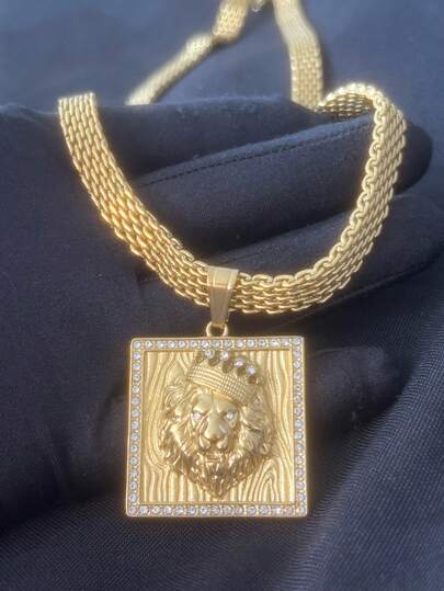 KIT CORRENTE NINO ABRAVANEL E PINGENTE REI LEÃO COROA DETALHES CRAVEJADOS BANHADO A OURO 18k ( GARANTIA VITÁLICIA )