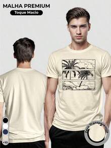 Men's T-Shirt, 100% Cotton, Palms Print - 米色 - 查看 3
