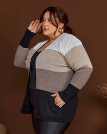 Plus Size Cardigan With Pocket, Wide Stripe Knit - 黑色和沙色 - 查看 2