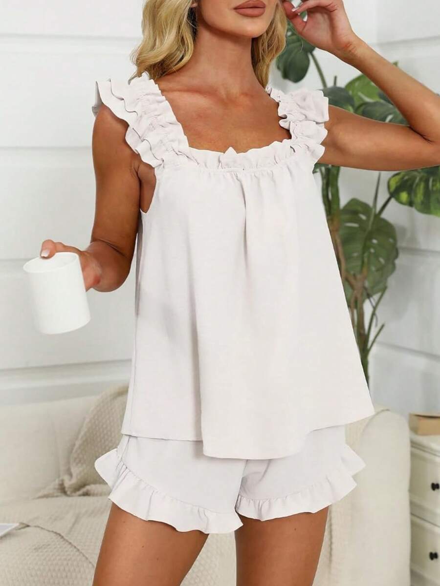 Women's Summer Lounge Set Ruffle Shoulder Strap Tank Tops Drawstring Shorts Sleepwear Sets - Màu be - Xem 1
