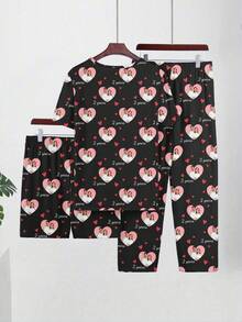 Personalisierter Herren 3-teiliger Kurzarm Pyjama Set, kann mit jedem Muster werden, personalisierte Pyjamas mit Fotos, lustige personalisierte Bilder, bequeme Nachtwäsche. Geeignet für Valentinstag, Geburtstag, Geschenke, personalisiert, bunt, süß, Lustig, einzigartig, exklusiv, ideales Geschenk für den Freund, geeignet für Freund, Familie, Freunde, Ältere, modisch für Herbst, Partyveranstaltungen - Schwarz - Übersicht 2
