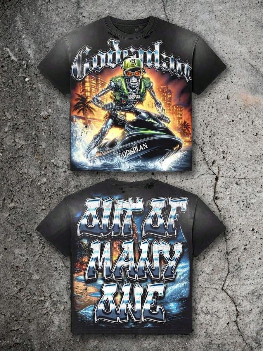 Skeleton Jet Skier, Tropical City Background, Water Splash Effect, American Street, Cyberpunk, Gothic Font Print T-Shirt,  Boy's Summer Round Neck Short Sleeved Casual T-Shirt - 黑色 - 查看 1