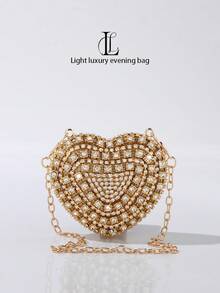 闪耀复古水晶镶嵌迷你心形唇膏盒，优雅女士手拿包、单肩包、零钱包、链条包，适合搭配各种服饰，是婚礼、派对、舞会、生日礼物和节日礼物的理想之选。 - 金色 - 查看 2