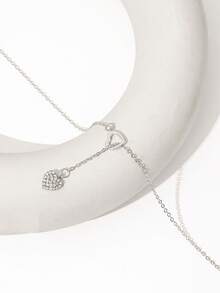 1pc Fashionable Delicate Petite Rhinestone Heart Shaped Adjustable Y-Necklace, Minimalist Sweater Chain For Women - Silver - View 2