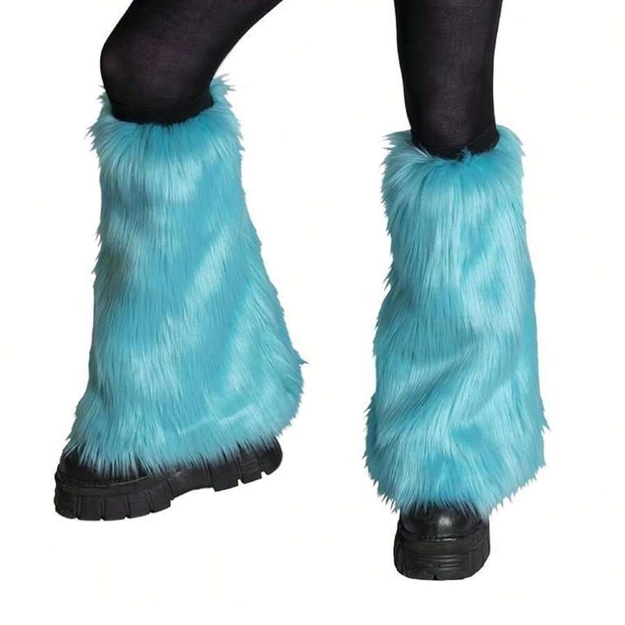 Women Faux Fur Leg Warmers Furry Harajuku Japanese Socks Fuzzy Long Boot Cuffs Covers Holiday Party Costume Accessory - CBlueGre1en - 查看 1