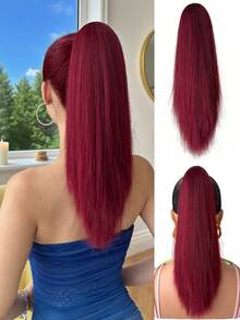 16 Inch Long Straight Ombre Black Brown To Burgundy Claw Clip Ponytail Hair Extension, Made Of Heat-Resistant Synthetic Fiber, Suitable For Women For Christmas, Halloween, Music Festivals, And Daily Use - Two-Tone - View 12