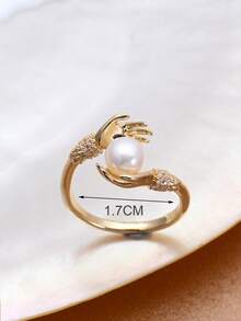 1pc 18K Gold Plated Natural Freshwater Pearl & Cubic Zirconia Adjustable Ring, Mother's Day, Valentine's Day, Birthday, Wedding Bride Gift - Hands - View 4