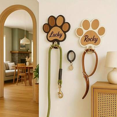 Personalized Fashionable Wooden Paw Print Dog Leash Hook - Handmade Polished Surface, Each Hook Can Be Engraved With Your Dog's Name. Offered In Two Colors, An Ideal Gift For Pet Lovers To Hang Leashes, Collars And Coats.