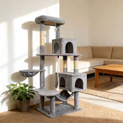 极简灰色调 + 多功能设计（磨指甲、休息、玩耍），迎合海外家庭的家居美学和宠物生活方式需求