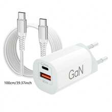 Bộ sạc nhanh Gallium Nitride 30W, sạc đa năng 2 cổng USB-C và USB-A, thiết kế gắn tường, tương thích với điện thoại di động và máy tính xách tay, nhỏ gọn và tiện dụng, tương thích với iPhone 17 15 14 Pro Max 13 12 11 SE 2020 XS XR 8 7, Bộ sạc USB-C + kèm cáp bện dài 6,6ft + 3,3ft. - Phích cắm loại C của EU (220-240V) - Xem 12