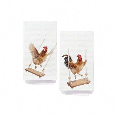 Funny Chicken Kitchen Towel, Farmhouse Swinging Rooster Dish Design Pattern Kitchen Towel Gift, Super Absorbent Cartoon Design, Machine Washable Reusable Hand Towel, Suitable For Home, Kitchen, Bathroom, Car, Window Cleaning - Soft Knitted Dish Cloth