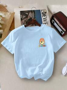 女童圆领短袖印花标语休闲T恤，春夏款 - 淺藍色 - 查看 2