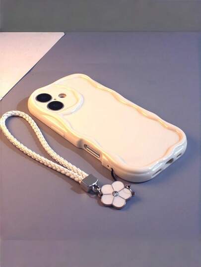 Keychain,Lanyard Ins Simple Solid Color Cream Case Suitable Compatible With Iphone 16 Phone Case Apple 15 Promax New Couple 16 Pro Wave Edge Smooth Surface 14/13/12/11 All Inclusive Anti Drop Soft Case